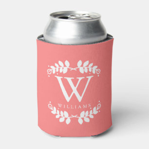 Trendy Coral Pink Monogram Can Cooler