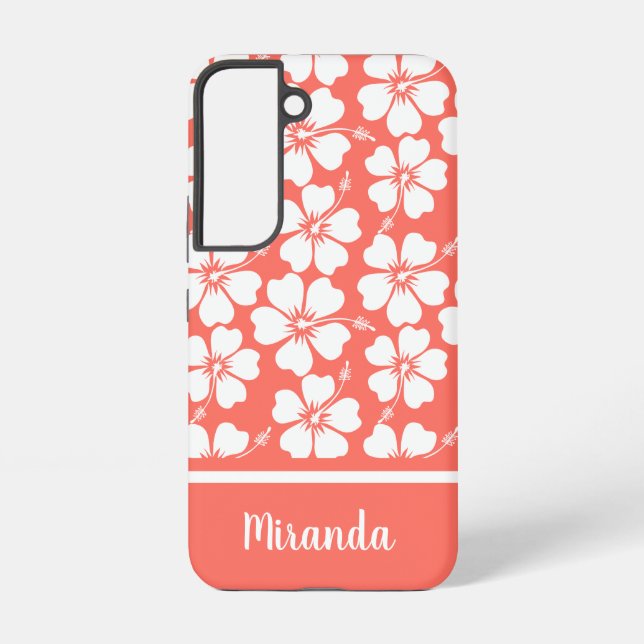 Trendy Coral White Hibiscus Pattern Samsung Galaxy S22 Case (Back)