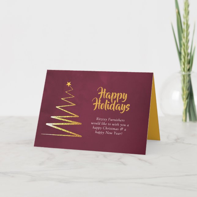 Trendy Corporate Burgundy & Gold Christmas Holiday Card (Front)