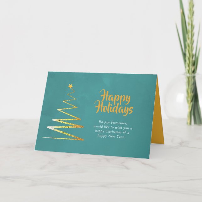 Trendy Corporate Teal and Gold Christmas Holiday Card (Front)