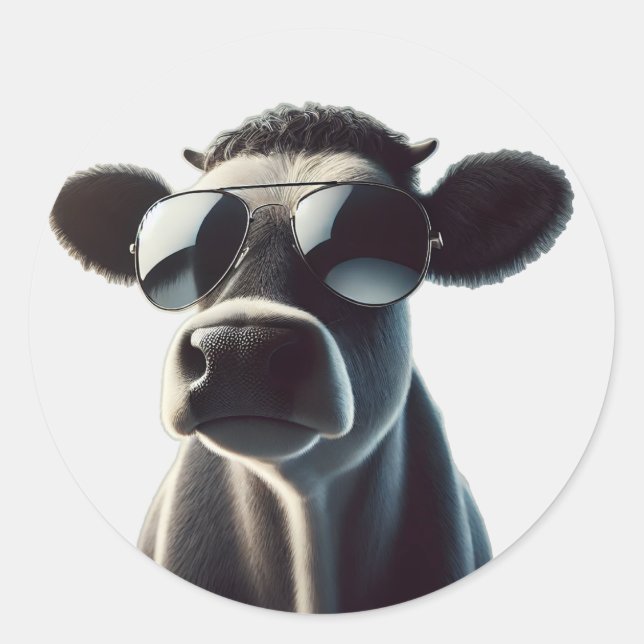 Trendy Cow in Sunglasses Classic Round Sticker (Front)