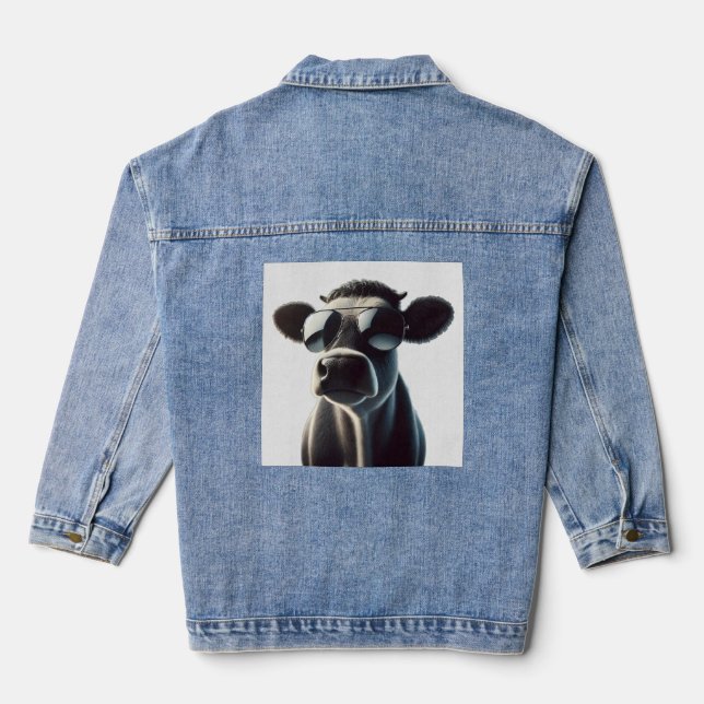 Trendy Cow in Sunglasses Denim Jacket (Back)