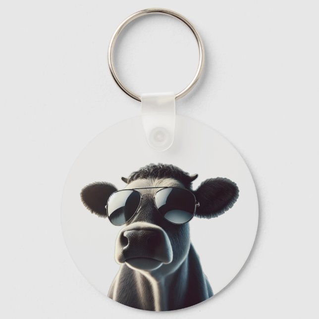 Trendy Cow in Sunglasses Key Ring (Front)