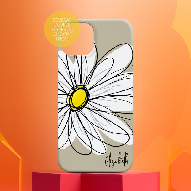 Trendy Custom Floral Daisy - grey, yellow, linen Case-Mate iPhone Case (Personalized Phone Case with Custom Text)