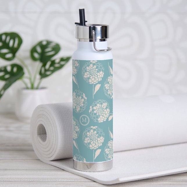 Trendy custom initial dusty blue floral insulated water bottle (Yoga)