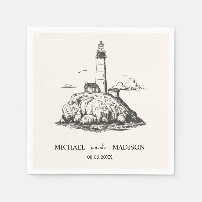Trendy Custom Nautical Seaside Lighthouse Wedding  Napkin (Front)