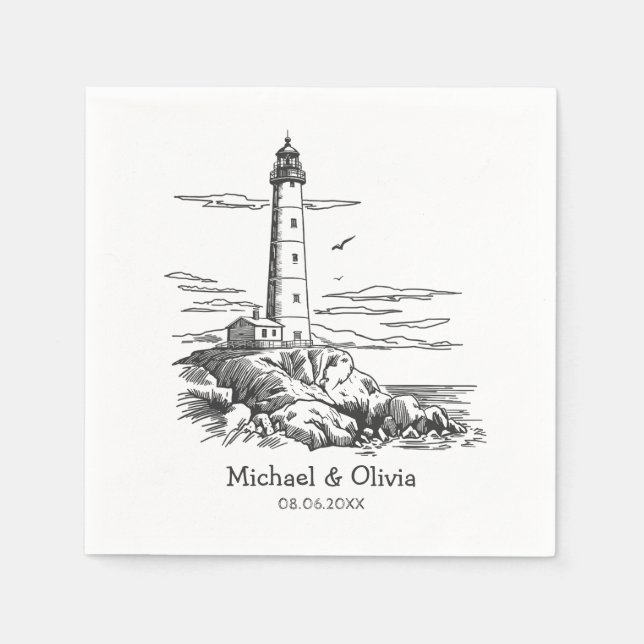Trendy Custom Nautical Seaside Lighthouse Wedding  Napkin (Front)