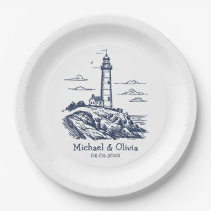 Trendy Custom Nautical Seaside Lighthouse Wedding Paper Plate