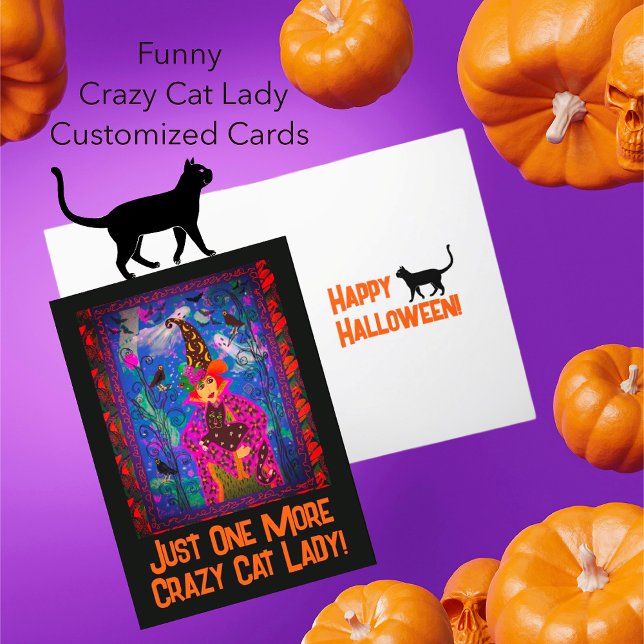 Trendy Customised Crazy Cat Lady Witch Halloween  Postcard (Halloween fun with Crazy Cat Ladiies!)