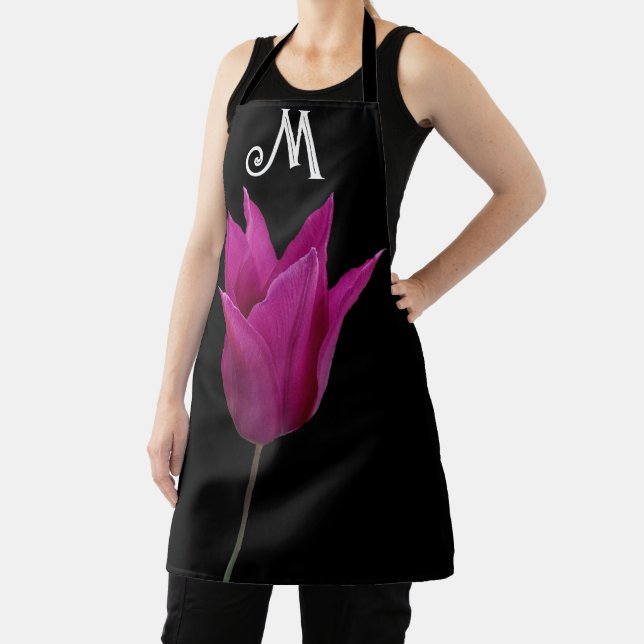 Trendy customizable M monogram purple tulip flower Apron (Insitu)