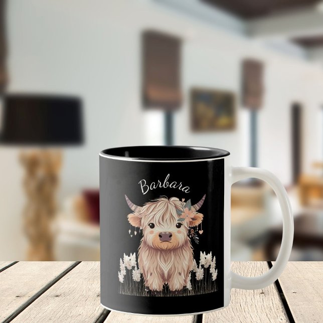Trendy Cute Boho Highland Cow Two-Tone Coffee Mug (Creator Uploaded)