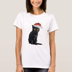 Trendy Cute Christmas Black Cat in Santa Hat T-Shirt