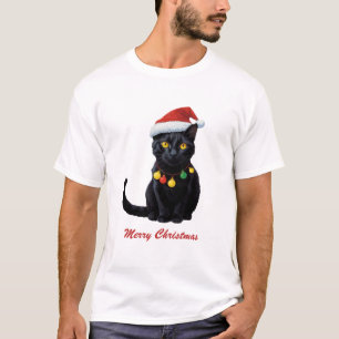 Trendy Cute Christmas Black Cat in Santa Hat T-Shirt