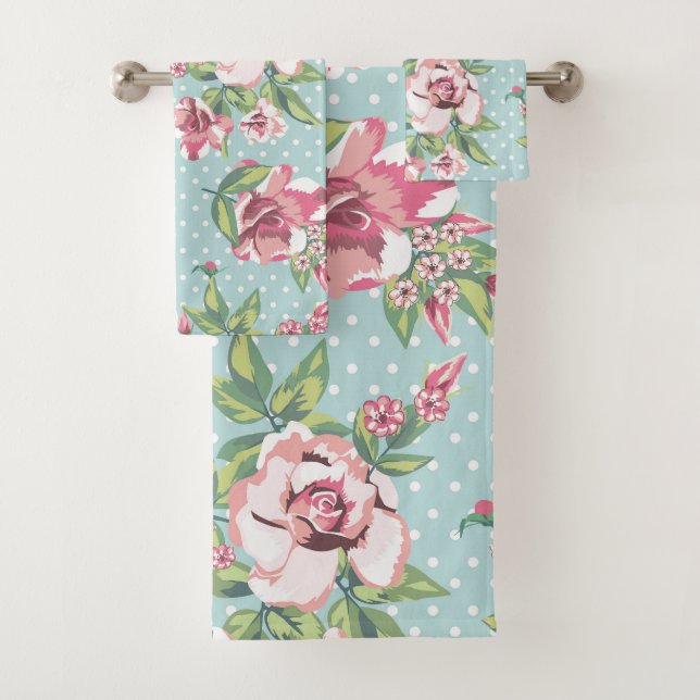 Trendy cute feminine rose with dots blue pattern   bath towel set (Insitu)