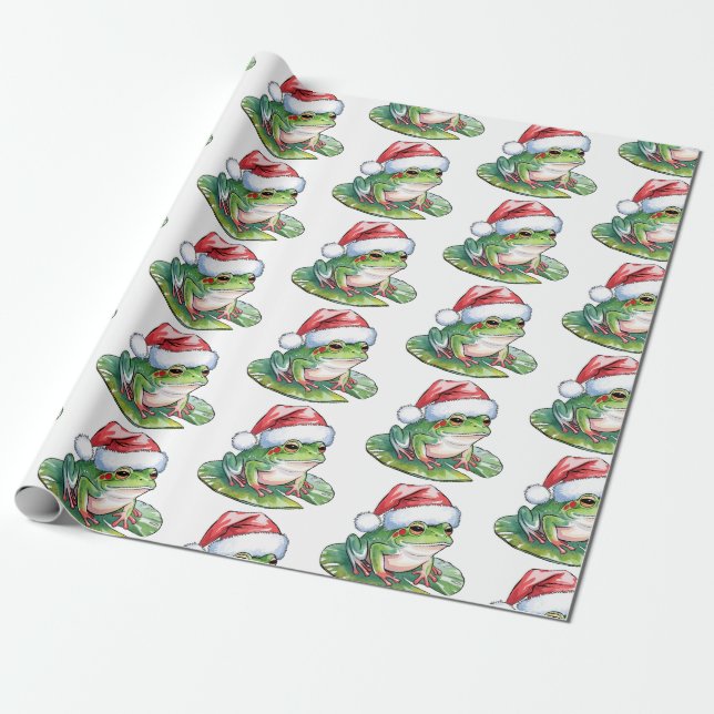 Trendy Cute Frog Santa Hat Christmas  Wrapping Paper (Unrolled)