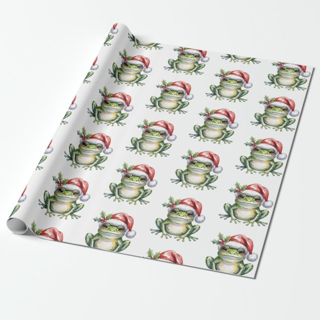 Trendy Cute Frog Santa Hat Christmas Wrapping Paper (Unrolled)