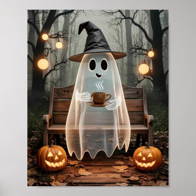 Trendy Cute Ghost with Coffee in the Forest Poster (Front)