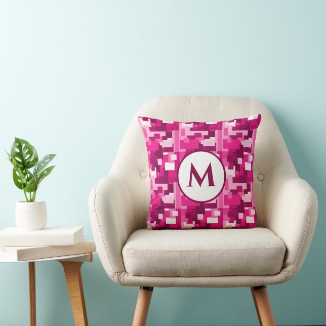 Trendy Cute Hot Pink Digital Camo Pattern Monogram Cushion (Chair)