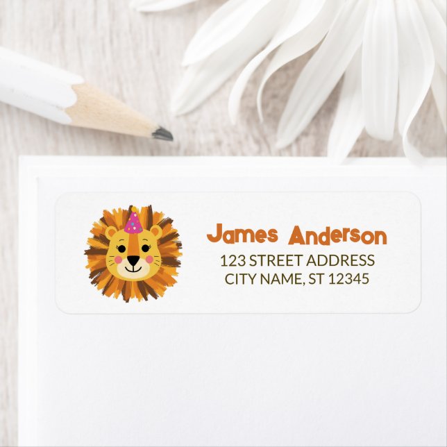 Trendy Cute Lion With Party Hat Return Address     (Insitu)
