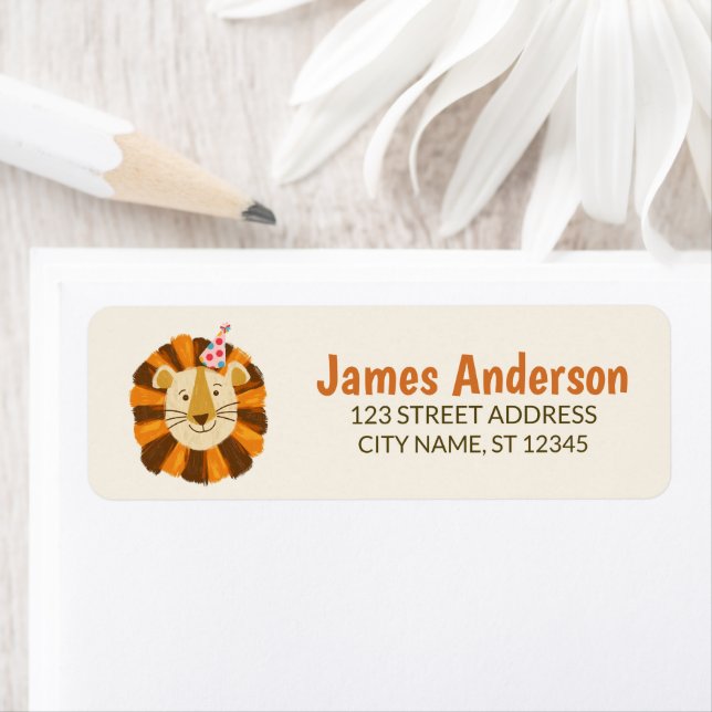 Trendy Cute Lion With Party Hat Return Address     (Insitu)