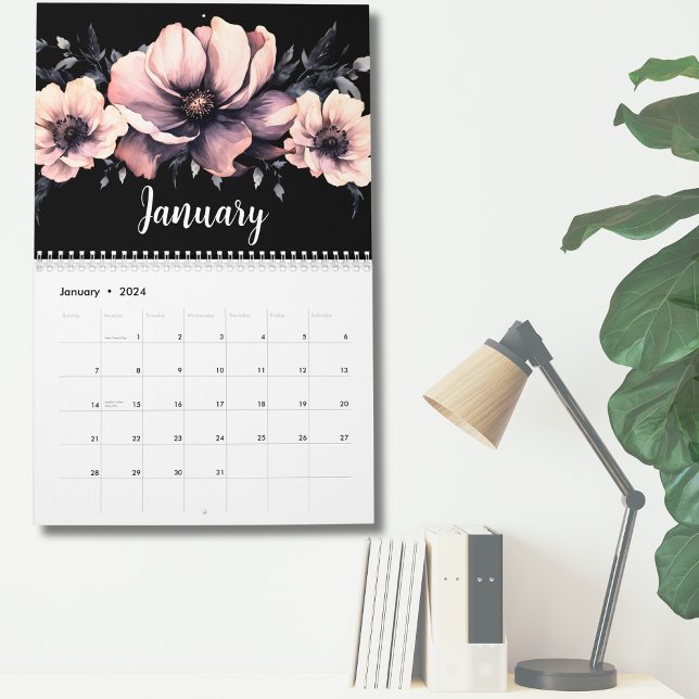 Trendy Cute Modern Pink Black Floral Calendar (Cute Modern Pink Black Floral Calendar)