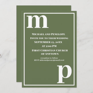 Trendy Cute Monogram Olive Green Wedding Invitation
