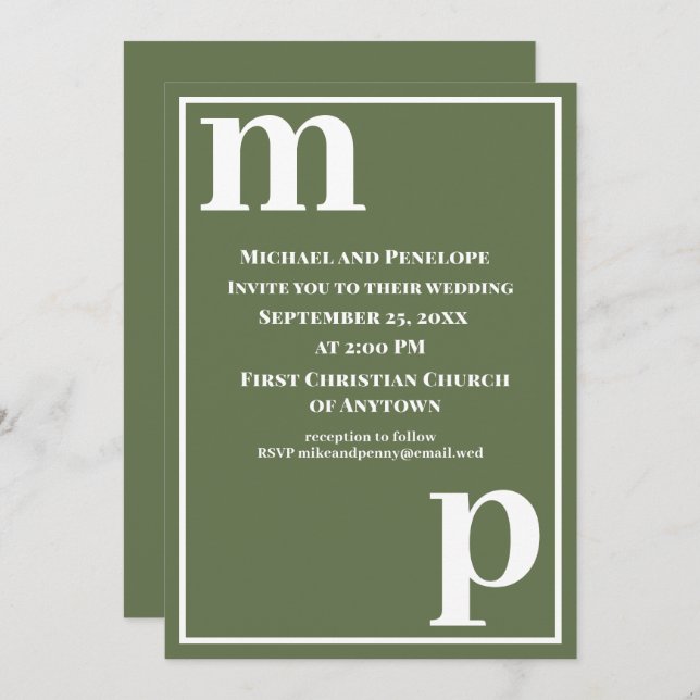 Trendy Cute Monogram Olive Green Wedding Invitation (Front/Back)