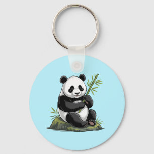 Trendy Cute Panda Bear With Greenery Bamboo Blue Key Ring