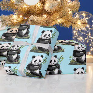 Trendy Cute Panda Bear With Greenery Bamboo Blue Wrapping Paper