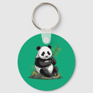 Trendy Cute Panda Bear With Greenery Bamboo Key Ring