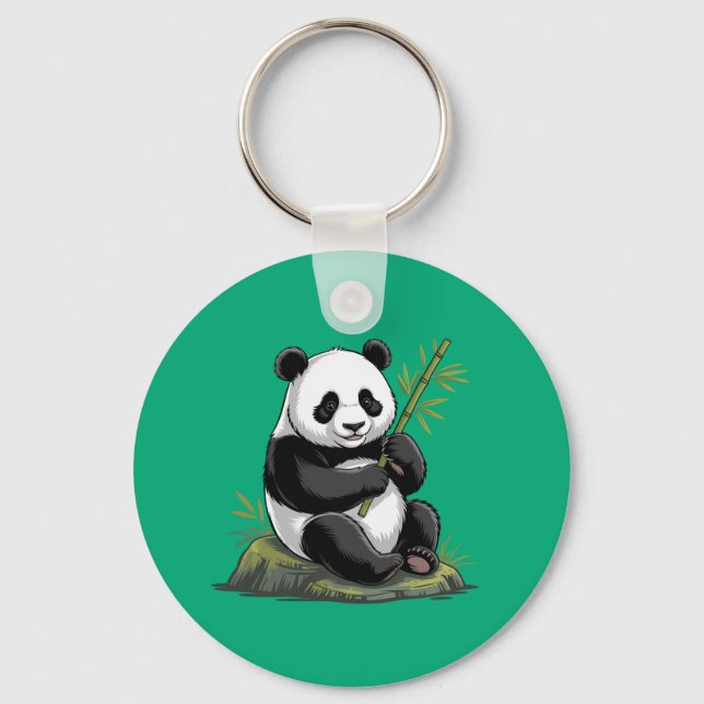 Trendy Cute Panda Bear With Greenery Bamboo  Key Ring (Front)