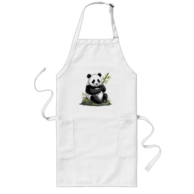 Trendy Cute Panda Bear With Greenery Bamboo  Long Apron (Front)