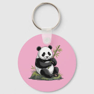 Trendy Cute Panda Bear With Greenery Bamboo Pink Key Ring