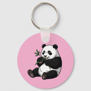 Trendy Cute Panda Bear With Greenery Bamboo Pink Key Ring