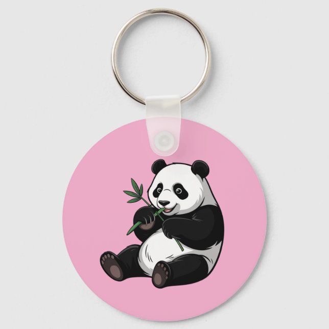 Trendy Cute Panda Bear With Greenery Bamboo Pink Key Ring (Front)