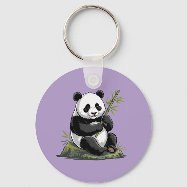 Trendy Cute Panda Bear With Greenery Bamboo Purple Key Ring (Front)
