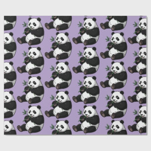 Trendy Cute Panda Bear With Greenery Bamboo Purple Wrapping Paper