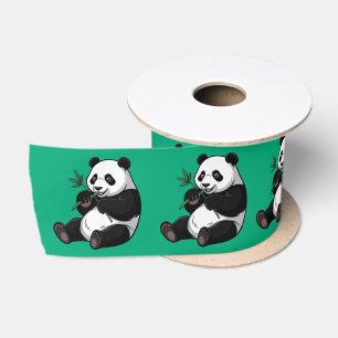 Trendy Cute Panda Bear With Greenery Bamboo Satin Ribbon