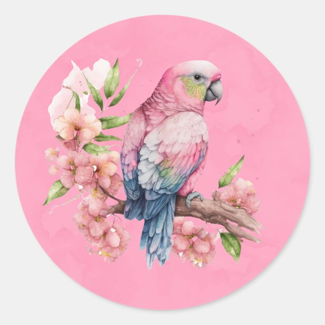 Trendy Cute Parrot Bird Pink Girl Baby Shower Clas Classic Round Sticker (Front)