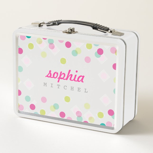 TRENDY cute polka dot confetti pattern pink green Metal Lunch Box (Front)