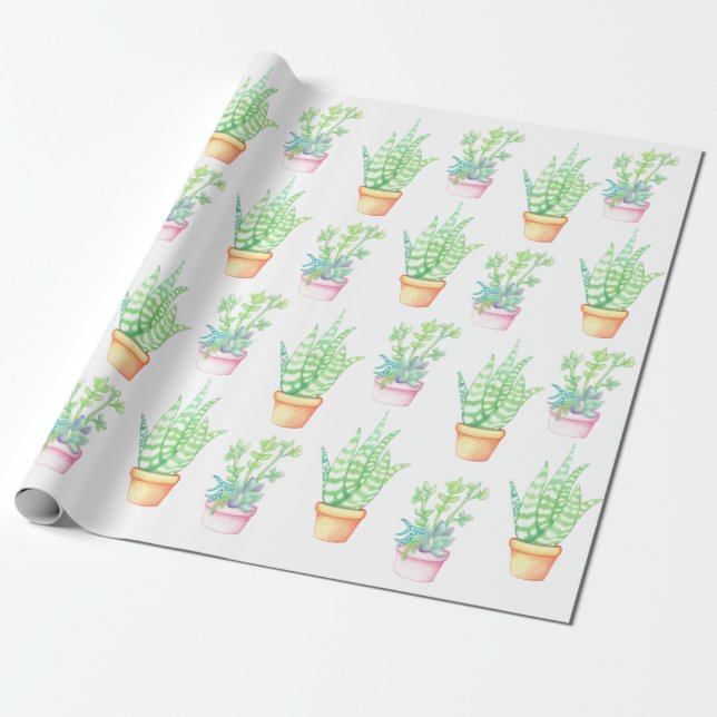 Trendy Cute Potted Succulents Illlustration Wrapping Paper (Unrolled)