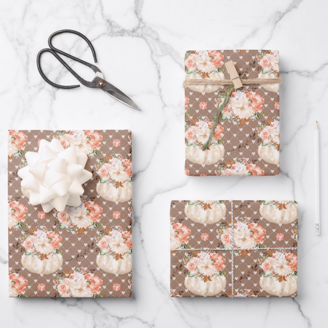 Trendy Cute Pumpkin Floral Peach Blush Brown Gifts Wrapping Paper Sheet (Front)
