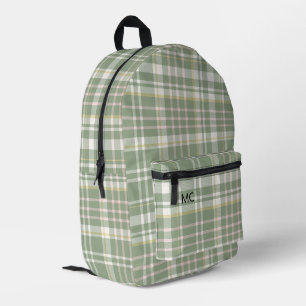 Trendy Cute Sage Green Plaid Monogram Initials Printed Backpack