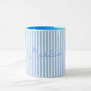 Trendy Cute Striped Blue Aesthetic Custom Name Two-Tone Coffee Mug