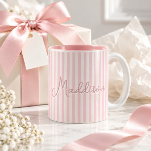 Trendy Cute Striped Pink Aesthetic Custom Name Two-Tone Coffee Mug