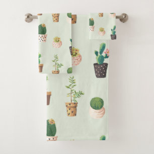 Trendy cute succulent cactus on mint background bath towel set