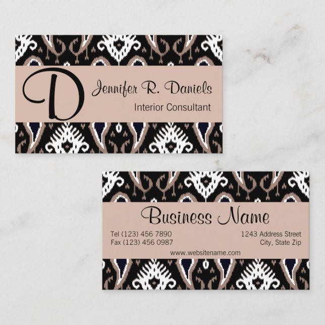 Trendy Cute Taupe Black White Ikat Tribal Pattern Business Card (Front/Back)