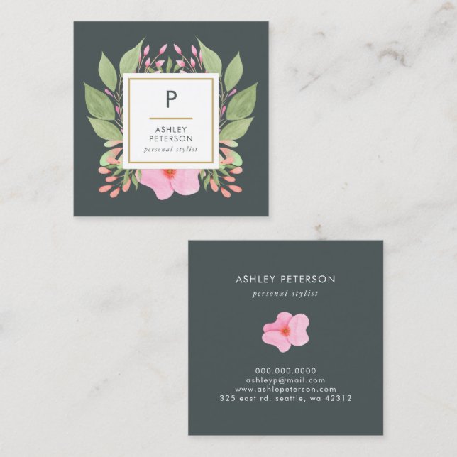 Trendy Cute Watercolor Pink Flowers Monogram Square Business Card (Front/Back)