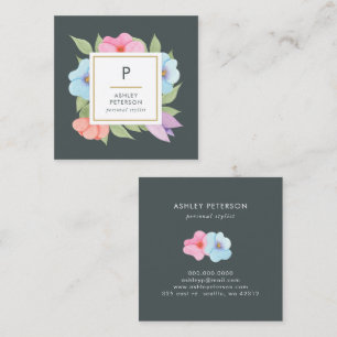 Trendy Cute Watercolor Pink Gold Flowers Monogram Square Business Card