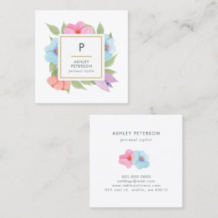 Trendy Cute Watercolor Pink Gold Flowers Monogram Square Business Card